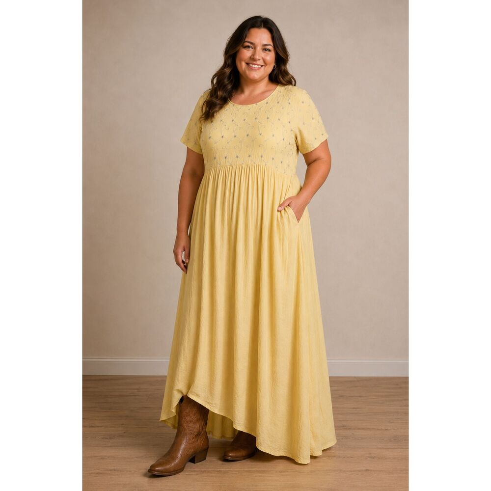 Double D Ranch Yellow Maxi Dress with Silver Scroll Embroidery and Studs Large